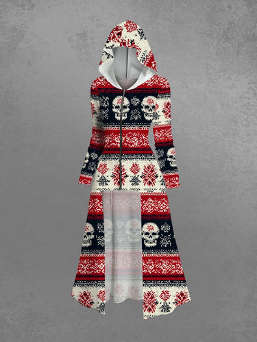 Gothic Skull Fireworks Striped Print Zipper Hooded Asymmetric Long Sleeves Top