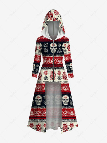 Gothic Skull Fireworks Striped Print Zipper Hooded Asymmetric Long Sleeves Top