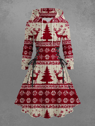 Gothic Plus Size 3D Knit Christmas Tree Elk Snowflake Print Lace Up Hooded A Line Dress