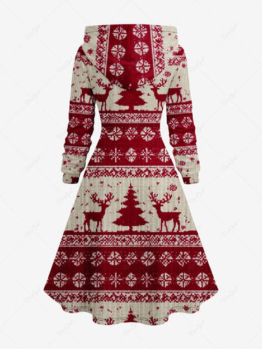 Gothic Plus Size 3D Knit Christmas Tree Elk Snowflake Print Lace Up Hooded A Line Dress