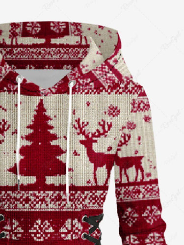 Gothic Plus Size 3D Knit Christmas Tree Elk Snowflake Print Lace Up Hooded A Line Dress