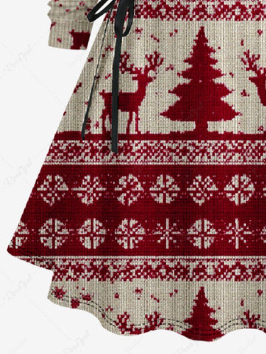 Gothic Plus Size 3D Knit Christmas Tree Elk Snowflake Print Lace Up Hooded A Line Dress