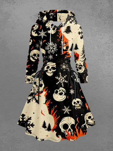 Gothic Plus Size Christmas Tree Snowflake Skull Fire Flame Print Lace Up Hooded A Line Dress
