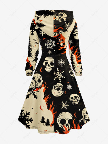 Gothic Plus Size Christmas Tree Snowflake Skull Fire Flame Print Lace Up Hooded A Line Dress