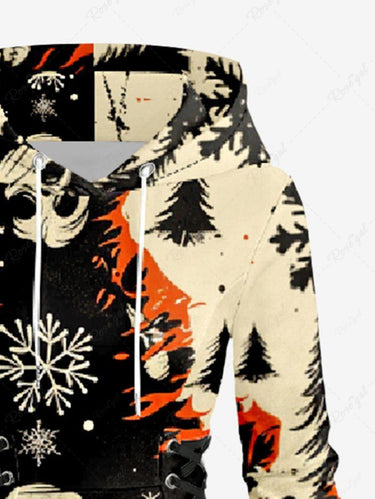 Gothic Plus Size Christmas Tree Snowflake Skull Fire Flame Print Lace Up Hooded A Line Dress