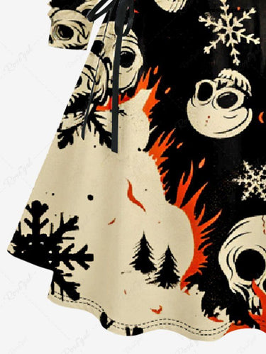 Gothic Plus Size Christmas Tree Snowflake Skull Fire Flame Print Lace Up Hooded A Line Dress
