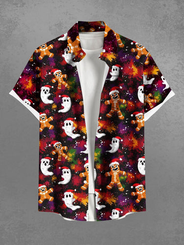 Gothic Plus Size Christmas Hat Gingerbread Ghost Print Button Pocket Shirt For Men