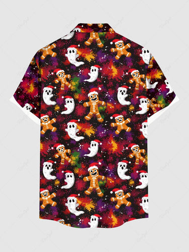 Gothic Plus Size Christmas Hat Gingerbread Ghost Print Button Pocket Shirt For Men