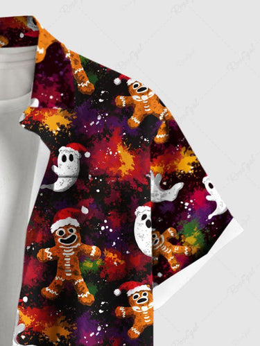 Gothic Plus Size Christmas Hat Gingerbread Ghost Print Button Pocket Shirt For Men