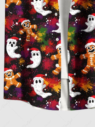 Gothic Plus Size Christmas Hat Gingerbread Ghost Print Button Pocket Shirt For Men