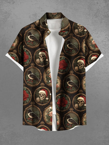 Gothic Plus Size Christmas Hat Skull Rose Flower Crow Mirror Print Distressed Shirt For Men