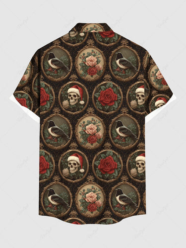 Gothic Plus Size Christmas Hat Skull Rose Flower Crow Mirror Print Distressed Shirt For Men