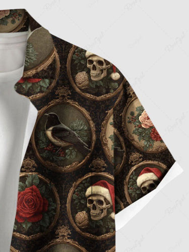Gothic Plus Size Christmas Hat Skull Rose Flower Crow Mirror Print Distressed Shirt For Men