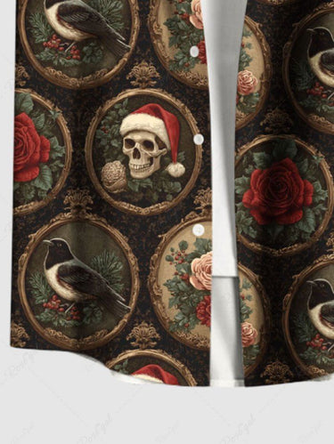 Gothic Plus Size Christmas Hat Skull Rose Flower Crow Mirror Print Distressed Shirt For Men