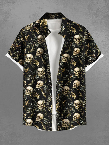 Gothic Plus Size Christmas Leaf Holly Skull Print Button Pocket Shirt For Men
