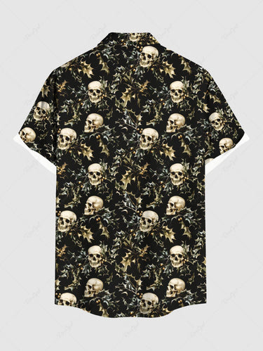 Gothic Plus Size Christmas Leaf Holly Skull Print Button Pocket Shirt For Men