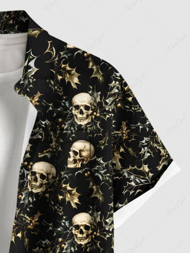 Gothic Plus Size Christmas Leaf Holly Skull Print Button Pocket Shirt For Men