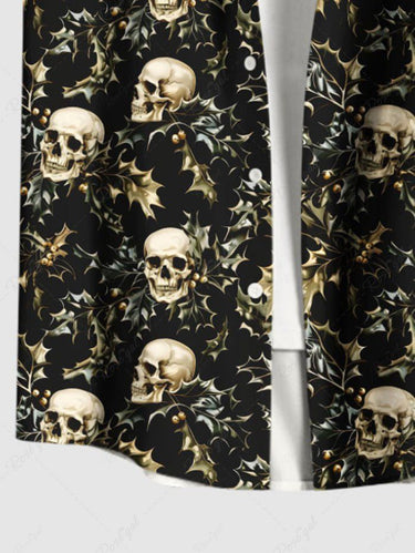 Gothic Plus Size Christmas Leaf Holly Skull Print Button Pocket Shirt For Men