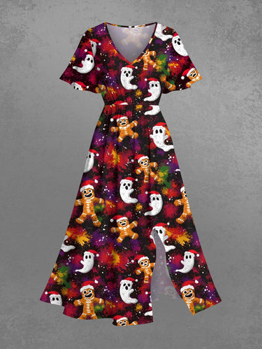 Gothic Plus Size Christmas Hat Gingerbread Ghost Print Split Pocket A Line Midi Dress