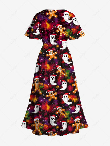 Gothic Plus Size Christmas Hat Gingerbread Ghost Print Split Pocket A Line Midi Dress
