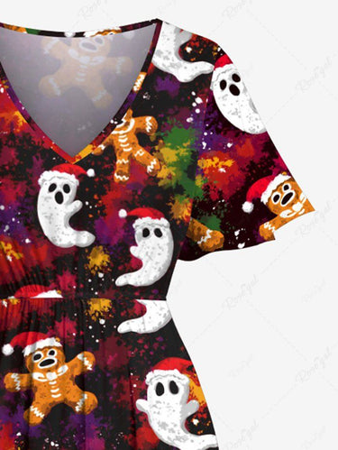 Gothic Plus Size Christmas Hat Gingerbread Ghost Print Split Pocket A Line Midi Dress