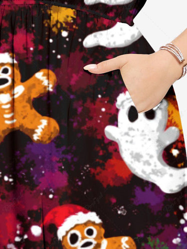 Gothic Plus Size Christmas Hat Gingerbread Ghost Print Split Pocket A Line Midi Dress