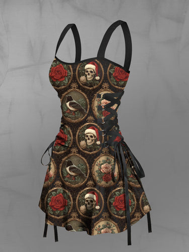 Gothic Christmas Hat Skull Rose Flower Crow Mirror Print Distressed Lace Up A Line Dress