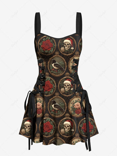 Gothic Christmas Hat Skull Rose Flower Crow Mirror Print Distressed Lace Up A Line Dress