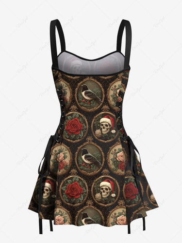 Gothic Christmas Hat Skull Rose Flower Crow Mirror Print Distressed Lace Up A Line Dress