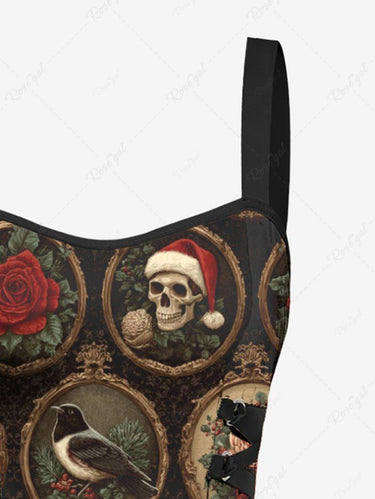 Gothic Christmas Hat Skull Rose Flower Crow Mirror Print Distressed Lace Up A Line Dress
