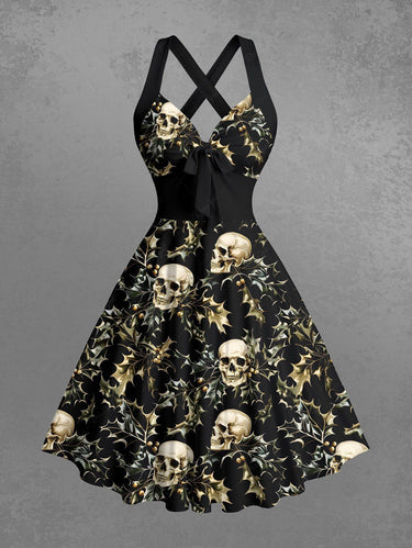 Gothic Christmas Leaf Holly Skull Print Crisscross Strappy Halter A Line Dress