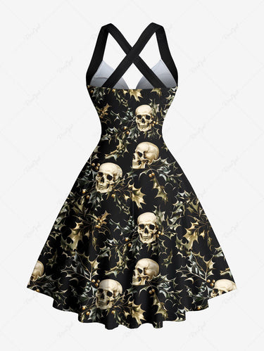 Gothic Christmas Leaf Holly Skull Print Crisscross Strappy Halter A Line Dress