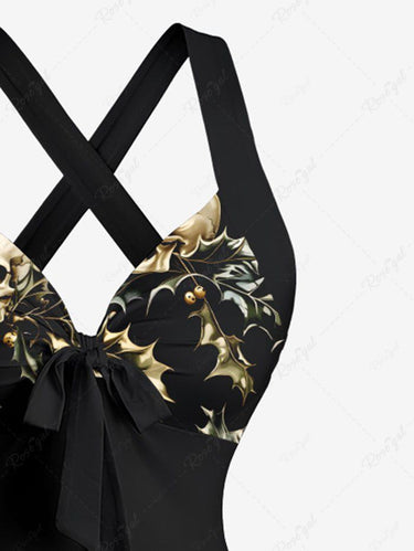 Gothic Christmas Leaf Holly Skull Print Crisscross Strappy Halter A Line Dress