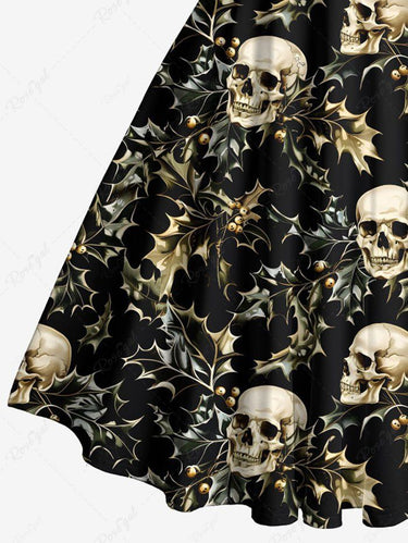 Gothic Christmas Leaf Holly Skull Print Crisscross Strappy Halter A Line Dress