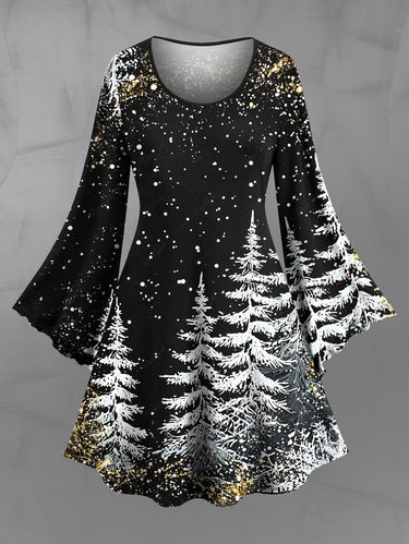 Gothic Plus Size Christmas Tree Snowflake Print A Line Dress