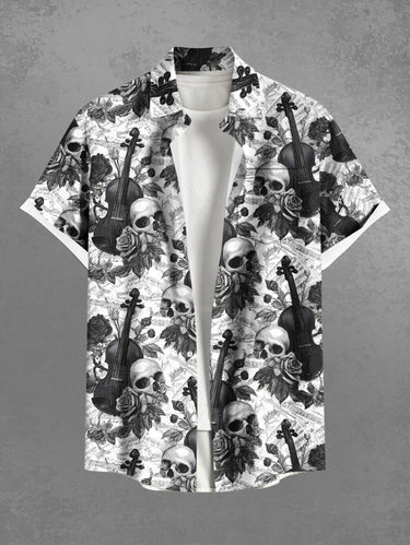 Gothic Plus Size Skull Rose Flower Guitar Print Button Pocket Shirt For Men