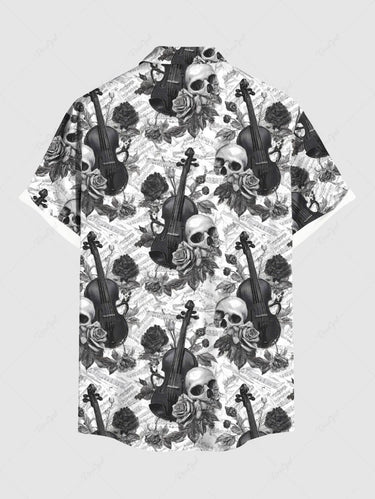 Gothic Plus Size Skull Rose Flower Guitar Print Button Pocket Shirt For Men