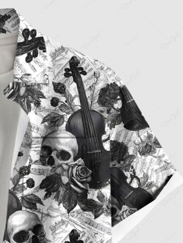 Gothic Plus Size Skull Rose Flower Guitar Print Button Pocket Shirt For Men