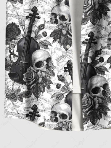 Gothic Plus Size Skull Rose Flower Guitar Print Button Pocket Shirt For Men