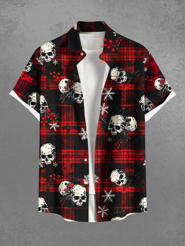 Gothic Plus Size Christmas Snowflake Plaid Skull Print Button Pocket Shirt For Men