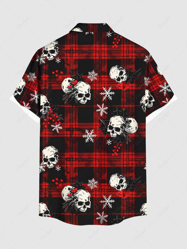 Gothic Plus Size Christmas Snowflake Plaid Skull Print Button Pocket Shirt For Men