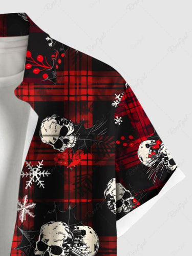 Gothic Plus Size Christmas Snowflake Plaid Skull Print Button Pocket Shirt For Men