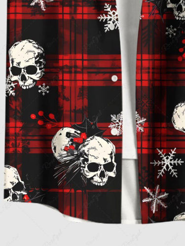 Gothic Plus Size Christmas Snowflake Plaid Skull Print Button Pocket Shirt For Men