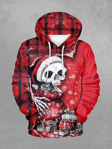 Gothic Plus Size Christmas Hat Skull Snowflake Gift Plaid Ripped Print Pullover Long Sleeves Hoodie For Men