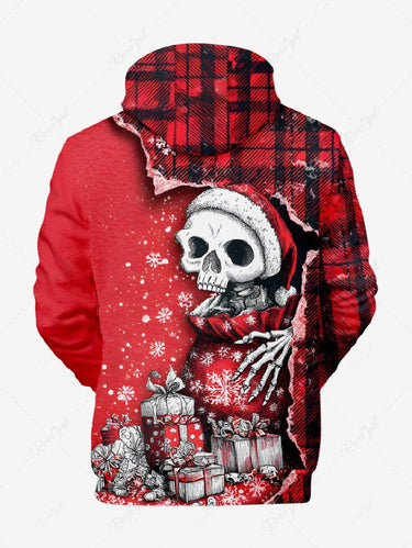 Gothic Plus Size Christmas Hat Skull Snowflake Gift Plaid Ripped Print Pullover Long Sleeves Hoodie For Men