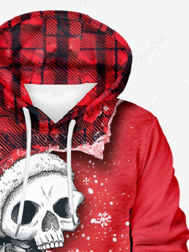 Gothic Plus Size Christmas Hat Skull Snowflake Gift Plaid Ripped Print Pullover Long Sleeves Hoodie For Men