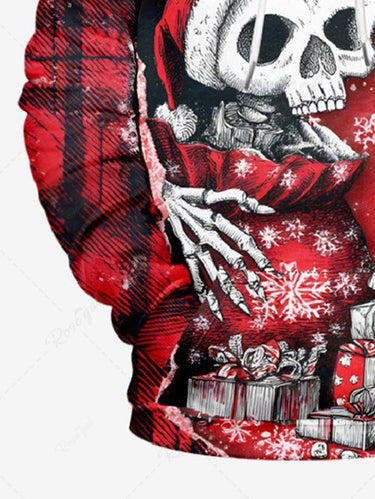 Gothic Plus Size Christmas Hat Skull Snowflake Gift Plaid Ripped Print Pullover Long Sleeves Hoodie For Men