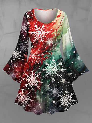 Gothic Plus Size Christmas Snowflake Ombre Watercolor Print A Line Dress
