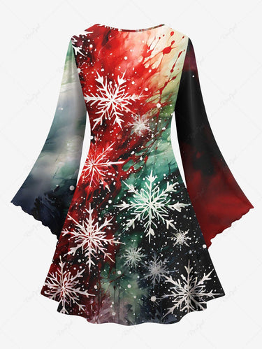 Gothic Plus Size Christmas Snowflake Ombre Watercolor Print A Line Dress