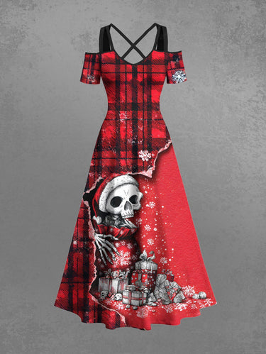 Gothic Plus Size Christmas Hat Skull Snowflake Gift Plaid Ripped Print Cold Shoulder Crisscross A Line Maxi Dress
